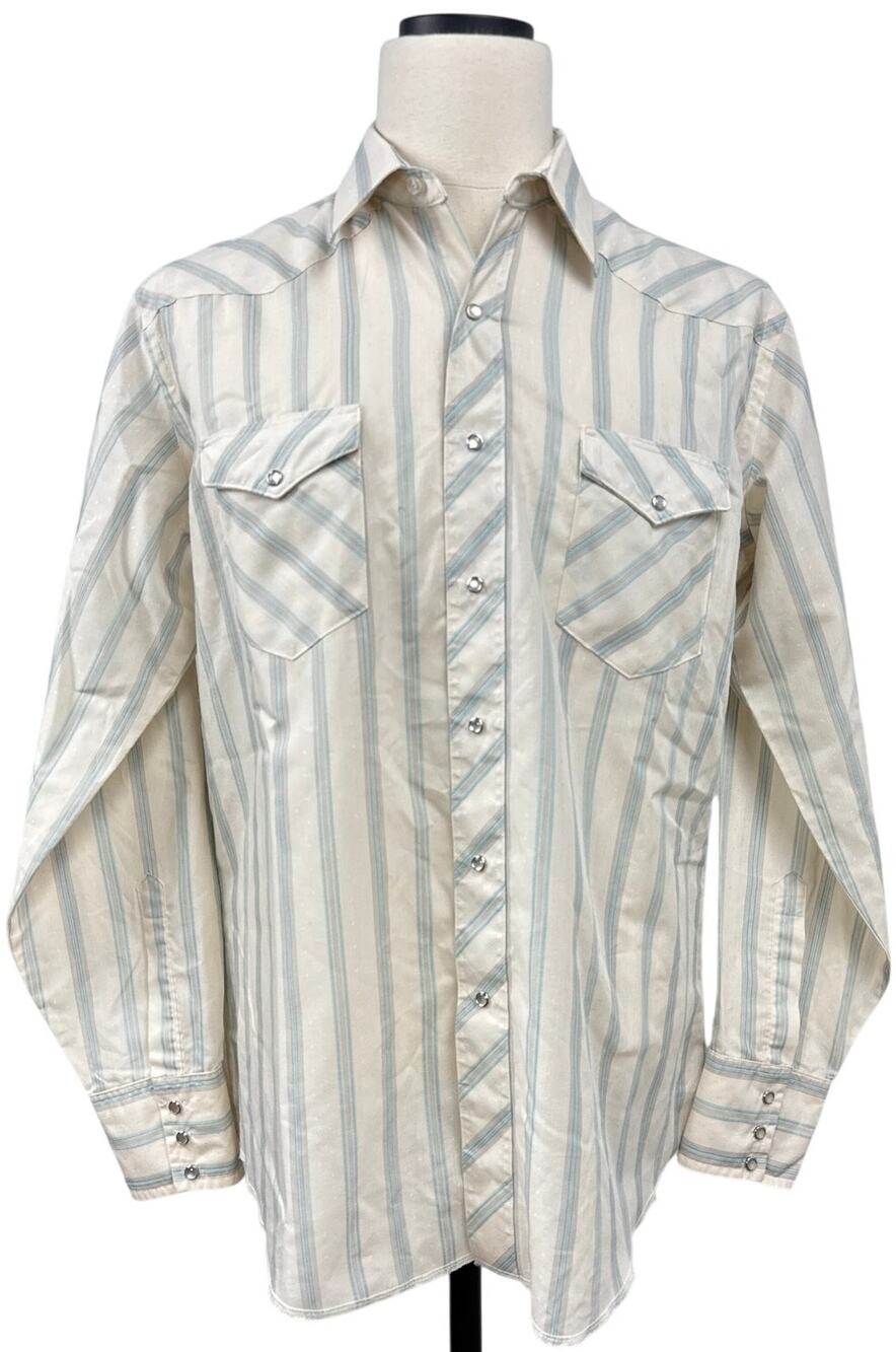 Vintage 80s Wrangler Striped Pearl Snap Western Shirt Men 17x35 USA